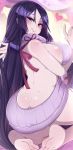  1girl backless_dress backless_outfit bare_back barefoot blush breasts butt_crack dimples_of_venus dress fate/grand_order fate_(series) from_behind heart highres huge_breasts lavender_dress long_hair looking_at_viewer looking_back meme_attire merunyaa minamoto_no_raikou_(fate/grand_order) naked_sweater no_bra no_panties pinup purple_eyes purple_hair ribbon seiza sideboob sitting sleeveless sleeveless_turtleneck smile soles solo sweater sweater_dress thick_thighs thighs turtleneck turtleneck_sweater very_long_hair virgin_killer_sweater 