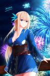  absurdres blue_dress blue_eyes breasts cleavage dd_(897671246) dress feather_hair_ornament fireworks highres large_breasts lexington_(warship_girls_r) long_hair platinum_blonde_hair uss_lexington_(cv-2) warship_girls_r 