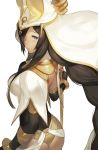  1girl ankh backless_outfit blue_eyes braid brown_hair dark_skin egyptian egyptian_clothes expressionless hair_over_one_eye highres holding holding_staff keemu_(occhoko-cho) long_hair looking_at_viewer looking_back original staff very_long_hair white_background 