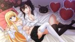  2girls :d animal_ear_fluff bed black_hair black_legwear black_skirt blonde_hair blue_eyes blush bow bow_bra bra breasts cat_pillow cleavage collarbone collared_shirt commentary dress_shirt fang floral_print frilled_pillow frilled_sleeves frills hair_ornament hand_up heart heart_pillow highres juliet_persia kazenokaze kishuku_gakkou_no_juliet komai_hasuki long_hair long_sleeves lying medium_breasts multiple_girls navel no_pants no_shoes nose_blush on_back on_bed on_side open_mouth parted_lips pillow pleated_skirt print_bra shirt side_ponytail sidelocks skirt smile thighhighs underwear very_long_hair white_bra white_legwear white_shirt yuri 