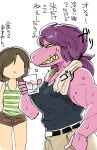  ambiguous_gender anthro bakugeki_no_g bodily_fluids breasts clothed clothing deltarune dialogue duo eyeless female hair hi_res human japanese_text kris_(deltarune) mammal muscular muscular_female ponytail purple_body purple_hair purple_skin reptile scalie sharp_teeth shirt susie_(deltarune) sweat tank_top teeth text topwear towel translation_request video_games yellow_sclera 
