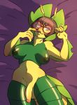  2020 anthro arthropod balls big_breasts blush breasts digital_media_(artwork) eyewear genitals glasses gynomorph hair hi_res humanoid_penis insect intersex leavanny nintendo nude open_mouth penis pok&eacute;mon pok&eacute;mon_(species) red_eyes simple_background smile solo solo_focus thick_thighs video_games yurihimawari 