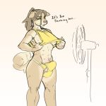  1:1 2019 anthro breasts bulge canid canine canis clothing dialogue domestic_dog gynomorph hair hi_res intersex mammal mechanical_fan multi_nipple nipples ponytail rune4 shirt simple_background solo standing tank_top topwear underwear white_background yellow_eyes 