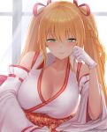  .live 1girl bangs blonde_hair blush braid breasts cleavage closed_mouth collarbone commentary_request detached_sleeves eyebrows_visible_through_hair gloves green_eyes hair_ribbon highres indoors japanese_clothes kimono kongou_iroha large_breasts long_hair long_sleeves lying obi on_side red_ribbon ribbon ribbon-trimmed_sleeves ribbon_trim sash seductive_smile smile solo tipo_(tipoplaza) twintails upper_body very_long_hair virtual_youtuber white_gloves white_kimono window 