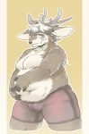 anthro antlers belly biped blush bodily_fluids brown_body brown_fur bulge cervid clothed clothing embarrassed fur hand_on_stomach horn male mammal moobs navel overweight overweight_male solo standing sweat sweatdrop thick_thighs topless utsuki_maito weight_gain white_body white_fur 