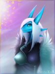  anthro blue_body blue_scales breasts female fish front_view hair hi_res josa looking_at_viewer marine multicolored_body multicolored_scales non-mammal_breasts pustyxox scales shark solo white_hair 