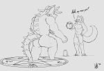  2020 abs absurd_res anthro butt canid canine canis collar demon duo english_text fur hi_res horn hybrid long_tail male mammal muscular nude open_mouth pentagram scales signature simple_background size_difference small_dom_big_sub smile spikes standing teeth text tongue wolf wolfarion wolfarion_(character) 