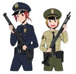  2girls absurdres badge belt_pouch benelli_m1014 futari_wa_precure futari_wa_precure_max_heart gun hat highres hino_akane_(smile_precure!) holding holding_weapon holster holstered_weapon knee_up misumi_nagisa multiple_girls necktie peaked_cap police police_uniform pouch precure remington_870 shotgun shoulder_patches smile_precure! uniform weapon white_background 