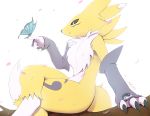  ambiguous_gender anthro armwear arthropod bridal_gauntlets butterfly clothing crossed_legs digimon digimon_(species) duo eryz fur hi_res insect lepidopteran renamon size_difference solo white_body white_fur yellow_body yellow_fur 