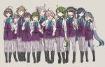  6+girls :d absurdres ahoge asashimo_(kantai_collection) bangs black_footwear blue_eyes blue_neckwear blunt_bangs bob_cut boots bow bowtie brown_eyes brown_hair closed_eyes double_bun dress eyebrows_visible_through_hair facing_viewer full_body glasses green-framed_eyewear green_eyes green_hair grey_background grey_hair grey_legwear hair_over_one_eye hair_ribbon halterneck hayanami_(kantai_collection) hayashimo_(kantai_collection) highres kantai_collection kazagumo_(kantai_collection) kishinami_(kantai_collection) kiyoshimo_(kantai_collection) kosame_(iso) long_hair long_sleeves looking_at_viewer makigumo_(kantai_collection) multicolored_hair multiple_girls naganami_(kantai_collection) okinami_(kantai_collection) open_mouth pantyhose pink_hair pleated_dress ponytail purple-framed_eyewear purple_dress purple_eyes purple_hair purple_legwear ribbon school_uniform seamed_legwear sharp_teeth shirt short_hair side-seamed_legwear simple_background sleeveless sleeveless_dress sleeves_past_wrists smile takanami_(kantai_collection) teeth twintails very_long_hair wavy_hair white_shirt yellow_eyes yuugumo_(kantai_collection) 