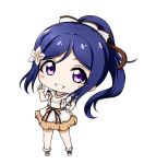  1girl bangs blue_hair blush boots bow breasts brown_bow brown_skirt chibi eyebrows_visible_through_hair flower full_body grin hair_bow hair_flower hair_ornament hand_on_hip hand_up index_finger_raised kuena long_hair looking_at_viewer love_live! love_live!_sunshine!! matsuura_kanan parted_bangs pink_flower ponytail purple_eyes shirt short_sleeves sidelocks simple_background skirt small_breasts smile solo standing striped striped_bow very_long_hair white_background white_bow white_footwear white_shirt 