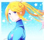  1girl bangs blonde_hair blue_bodysuit blue_eyes bodysuit floating_hair from_side indisk_irio long_hair looking_at_viewer metroid mole mole_under_mouth parted_bangs ponytail portrait samus_aran shiny shiny_hair solo turtleneck twitter_username zero_suit 