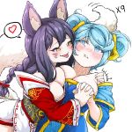  2girls ahri animal_ears bare_shoulders blue_hair blush bow braid breasts eyebrows_visible_through_hair fox_ears hair_bow hatching_(texture) heart holding_hands kitsune league_of_legends light_blue_hair lolboja long_hair multiple_girls signature simple_background slit_pupils sona_buvelle speech_bubble tail tongue tongue_out twintails upper_body whisker_markings white_background yellow_eyes 