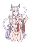  absurdres animal animal_ears bangs blue_eyes blunt_bangs breasts cat_ears cat_girl cat_tail eyebrows_visible_through_hair frills garter_belt garter_straps heterochromia highres holding holding_animal last_origin lavender_hair long_hair long_sleeves mouse parted_lips puffy_sleeves radiocupcake red_ribbon ribbon simple_background smile tail teeth twintails very_long_hair white_background yellow_eyes 