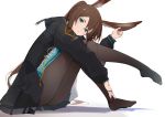  1girl amiya_(arknights) animal_ears arknights bangs black_jacket blue_eyes blush brown_hair bunny_ears closed_mouth full_body hair_between_eyes head_tilt highres holding_ears jacket jewelry long_hair long_sleeves looking_at_viewer multiple_rings no_shoes open_clothes open_jacket pantyhose ring rrr_ato sidelocks sitting skirt solo thumb_ring very_long_hair 