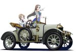  1boy 1girl 3d :d blue_eyes brown_hair car cravat dress driving gloves ground_vehicle highres katarina_claes long_hair long_sleeves motor_vehicle open_mouth otome_game_no_hametsu_flag_shika_nai_akuyaku_reijou_ni_tensei_shite_shimatta pointing smile standing tomcat very_long_hair white_background white_gloves 