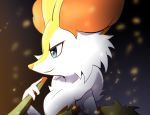  ambiguous_gender anthro braixen eryz fur hi_res multicolored_body multicolored_fur nintendo pok&eacute;mon pok&eacute;mon_(species) side_view smile solo video_games white_body white_fur yellow_body yellow_fur 