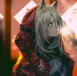  1girl animal_ears arknights bangs grey_hair hair_between_eyes hood hood_up hooded_jacket infukun jacket long_hair looking_away open_clothes open_jacket open_mouth projekt_red_(arknights) red_jacket sidelocks solo wolf_ears yellow_eyes 