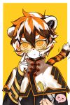  amber_eyes ambiguos_pov ambiguous_gender anthro arknights black_body black_fur black_hair black_nose blush bodily_fluids clothed clothing dragonfox_g earpiece eyewear felid female fur glasses hair hi_res holding_object mammal multicolored_body multicolored_fur multicolored_hair orange_body orange_fur orange_hair pantherine short_hair simple_background solo_focus speech_bubble striped_body striped_fur stripes sweat tailwag tiger video_games waaifu white_body white_fur white_hair yellow_background 