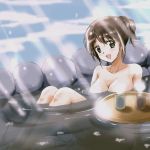  1girl :d bathing breasts brown_hair cleavage commentary_request cup eyebrows_visible_through_hair grey_eyes kinfuji large_breasts long_hair looking_at_viewer onsen open_mouth original smile solo touge_chayako tray yunomi 