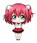  1girl bangs black_footwear blush bow bowtie chibi closed_mouth eyebrows_visible_through_hair full_body green_eyes hair_between_eyes hair_ornament kuena kurosawa_ruby layered_skirt loafers long_hair love_live! love_live!_sunshine!! pleated_skirt red_hair red_neckwear red_skirt shirt shoes short_sleeves simple_background skirt smile socks solo standing two_side_up white_background white_legwear white_shirt 
