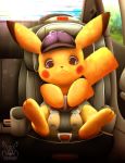  2019 absurd_res bodily_fluids car_seat clothing detective_pikachu diaper fur genital_fluids hat headgear headwear hi_res male nintendo pikachu pok&eacute;mon pok&eacute;mon_(species) sitting solo urine vehicle video_games wet_diaper wetting xepher777 yellow_body yellow_fur 