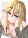  715737995 absurdres bare_shoulders blonde_hair blue_eyes breasts breasts_apart cleavage hair_ornament hairclip heart highres large_breasts saratoga_(warship_girls_r) smile spread_fingers warship_girls_r 