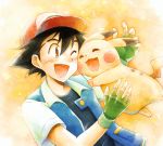  1boy :d ;d baseball_cap black_hair blush brown_eyes closed_eyes fingerless_gloves gen_1_pokemon gloves green_gloves hat highres kazayama_hien one_eye_closed open_mouth pikachu pokemon pokemon_(anime) pokemon_(creature) satoshi_(pokemon) simple_background smile spiked_hair upper_body yellow_background 