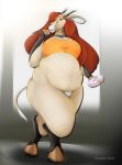  2019 anthro belly big_breasts bovid breasts butt caprine clothed clothing detailed doughnut eating eostex female food fur goat hair hi_res hooves horn huge_breasts looking_at_viewer mammal nervous obese obese_female overweight overweight_female pastry portrait pose red_hair solo standing tan_body weight_gain wide_hips 