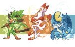  blue_eyes brown_eyes bunny claws commentary creature english_commentary full_body gen_8_pokemon grin grookey holding holding_weapon lanmana looking_at_viewer monkey no_humans orange_eyes pokemon pokemon_(creature) scorbunny smile sobble standing weapon 