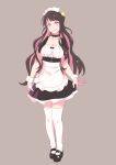  1girl alternate_costume apron black_choker black_dress black_hair choker dress enmaided fang full_body grey_background highres kantai_collection long_hair looking_at_viewer maid maid_headdress mary_janes multicolored_hair naganami_(kantai_collection) pink_hair shoes simple_background solo thighhighs two-tone_hair wavy_hair white_apron white_legwear wrist_cuffs yuuji_(and) 