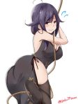  1girl alternate_costume ass black_dress black_legwear blush breasts china_dress chinese_clothes dress eyebrows_visible_through_hair hair_between_eyes hair_flaps hair_ornament highres kantai_collection large_breasts long_hair looking_at_viewer no_shoes purple_hair red_eyes saku_(kudrove) simple_background soles solo taigei_(kantai_collection) thighhighs thighs white_background 