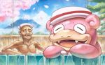  1boy :d ^_^ blue_sky cherry_blossoms chest closed_eyes cloud cloudy_sky commentary_request creature day fangs golden_boden happy male_focus mountain nude old_man open_mouth original pokemon pokemon_(creature) sky slowpoke smile towel towel_on_head tree water wet 