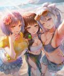  3girls ;) asymmetrical_docking bangs bikini black_hair blue_eyes blue_hair blush bow breast_press breasts cleavage denim denim_shorts eyebrows_visible_through_hair hair_bow hair_ornament hair_over_shoulder hairclip hand_up highres higuchi_kaede large_breasts long_hair looking_at_viewer medium_breasts mkkgraphic mole mole_under_eye multiple_girls navel nijisanji o-ring o-ring_bikini one_eye_closed open_mouth parted_lips ponytail purple_eyes reaching_out sarong shirt shizuka_rin short_hair shorts signature silver_hair smile swimsuit tsukino_mito very_long_hair virtual_youtuber white_bow yellow_eyes yellow_shirt 