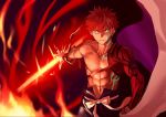  1boy abs cape emiya_shirou eyebrows_visible_through_hair fate/grand_order fate/stay_night fate_(series) highres hiro_(hirohiro_gorira) holding holding_sword holding_weapon igote katana limited/zero_over long_sleeves magic_circuit orange_hair red_hair sengo_muramasa_(fate) short_hair single_bare_shoulder sword weapon yellow_eyes 