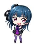  1girl \n/ bangs black_dress black_footwear black_ribbon blue_hair blush chibi dress eyebrows_visible_through_hair frilled_dress frills full_body gloves hair_bun hair_ribbon kuena long_hair looking_at_viewer love_live! love_live!_sunshine!! open_mouth puffy_short_sleeves puffy_sleeves purple_eyes purple_gloves purple_legwear ribbon short_sleeves simple_background solo standing thighhighs thighhighs_under_boots tsushima_yoshiko v-shaped_eyebrows very_long_hair white_background 