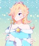  1girl blonde_hair blue_background blue_dress blue_eyes closed_mouth collarbone crossed_arms dress earrings hair_over_one_eye holding holding_wand indisk_irio jewelry long_hair long_sleeves looking_to_the_side mario_(series) off-shoulder_dress off_shoulder rosalina shiny shiny_hair solo super_mario_galaxy upper_body wand 