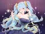  1girl aqua_hair bangs bare_shoulders blue_eyes blue_hair blush breasts cleavage commentary_request detached_sleeves eyebrows_visible_through_hair jewelry large_breasts league_of_legends long_hair looking_at_viewer multicolored_hair navel necklace one_eye_closed sarang_s2 smile solo sona_buvelle star twintails very_long_hair wide_sleeves 