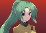  1girl blue_eyes closed_mouth floating_hair gradient gradient_background green_hair hair_intakes high_ponytail higurashi_no_naku_koro_ni long_hair looking_at_viewer portrait red_background shiny shiny_hair shirt smile solo sonozaki_mion turtleneck very_long_hair yamai_fake yellow_shirt 