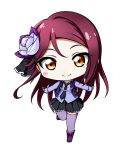  1girl bangs black_footwear black_neckwear black_ribbon black_skirt black_vest blue_shirt blush boots bow brown_eyes chibi closed_mouth collared_shirt dress_shirt eyebrows_visible_through_hair flower full_body hair_flower hair_ornament hairclip kuena long_hair long_sleeves love_live! love_live!_sunshine!! mole mole_under_mouth necktie open_clothes open_vest outstretched_arms pink_bow pleated_skirt purple_flower purple_legwear purple_rose red_hair ribbon rose sakurauchi_riko shirt simple_background skirt sleeves_past_wrists smile solo spread_arms standing standing_on_one_leg swept_bangs thighhighs thighhighs_under_boots very_long_hair vest white_background 