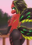  2019 anthro breasts butt dannyckoo dragon female forest genitals green_eyes hi_res horn nipples nude outside pussy rear_view smile solo tree tresertf water 