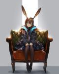  1girl amiya_(arknights) animal_ears arknights armchair ascot bangs black_footwear black_jacket black_legwear blue_eyes blue_neckwear blue_skirt blush brown_hair bunny_ears chair clothes_writing coat frilled_ascot frills full_body grey_background hair_between_eyes hands_on_own_knees head_tilt highres jacket kawaguchi_(mojacome) legs_together long_sleeves looking_at_viewer open_mouth overcoat pouch shoes short_hair_with_long_locks simple_background sitting skirt sleeves_past_wrists solo 