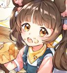  &gt;o&lt; 1girl animal_ear_fluff animal_ears apple_pie bangs brown_hair child close-up eating eyebrows_visible_through_hair food food_on_face holding holding_food lerome light_brown_eyes long_hair looking_at_viewer mouse mouse_ears neckerchief open_mouth original overalls short_sleeves solo_focus twintails upper_body yellow_neckwear 