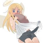  1other androgynous angel black_shorts blonde_hair blue_eyes blush broken_halo crimvael dress erection erection_under_clothes ettone halo highres ishuzoku_reviewers long_hair looking_at_viewer short_shorts shorts shorts_under_dress simple_background solo testicles_under_clothes white_background white_dress 