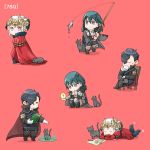  1boy 2girls black_hair blue_eyes blue_hair book byleth_(fire_emblem) byleth_(fire_emblem)_(female) cape cat chair closed_eyes closed_mouth edelgard_von_hresvelg fire_emblem fire_emblem:_three_houses fish fishing_rod gloves headpiece holding holding_book horns hubert_von_vestra lying medium_hair multiple_girls on_stomach open_book purple_eyes red_background red_cape robaco short_hair simple_background sitting squatting white_gloves white_hair 