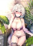  1girl azur_lane bare_shoulders black_bra black_panties bra breasts chair choker cleavage collarbone commentary_request cowboy_shot earrings front-tie_top hand_up highres jewelry large_breasts leaf looking_at_viewer multi-strapped_panties navel panties parted_lips plant red_eyes rei_(rei&#039;s_room) short_hair silver_hair sirius_(azur_lane) sitting skindentation solo stomach thigh_gap thighhighs thighs underwear underwear_only 