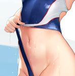  1girl adjusting_clothes adjusting_swimsuit competition_swimsuit groin highleg highleg_swimsuit mignon multicolored multicolored_clothes multicolored_swimsuit navel one-piece_swimsuit original skindentation solo standing stomach swimsuit wet 