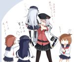  5girls =3 akatsuki_(kantai_collection) bangs belt black_headwear black_skirt blue_skirt blush breasts brown_hair carrying closed_eyes eyebrows_visible_through_hair flat_cap flying_sweatdrops gangut_(kantai_collection) gloves hat hibiki_(kantai_collection) ikazuchi_(kantai_collection) inazuma_(kantai_collection) jacket kantai_collection long_hair long_sleeves multiple_girls okitarou_(okiyo) open_mouth pantyhose pleated_skirt purple_hair red_shirt sailor_collar school_uniform serafuku shirt short_hair silver_hair simple_background skirt thighhighs translation_request white_jacket 