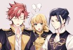  1girl 2boys black_hair blonde_hair brown_eyes closed_mouth felix_hugo_fraldarius fire_emblem fire_emblem:_three_houses garreg_mach_monastery_uniform green_eyes ingrid_brandl_galatea long_hair multiple_boys naho_(pi988y) open_mouth red_hair short_hair simple_background sylvain_jose_gautier twitter_username uniform upper_body 