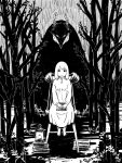  1girl 1other barefoot black_eyes book book_stack candle chair greyscale horns looking_at_viewer maholand monochrome outdoors sensei_(totsukuni_no_shoujo) shiva_(totsukuni_no_shoujo) sitting totsukuni_no_shoujo tree white_eyes white_hair 